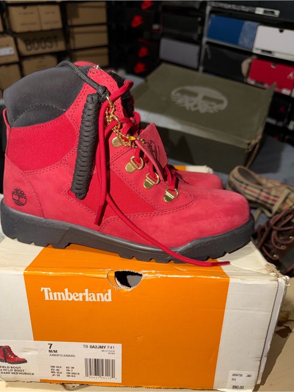 Timberland Kids Red Lace-Up Hiking Boots with Black Collar